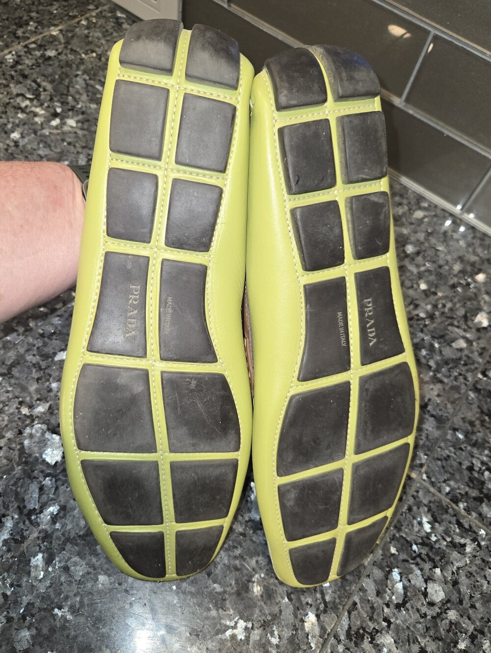Rare Runway Style: Men's Prada Classic Leather Loafers (Lime Green/Tan) Size 11 - Picture 7 of 8